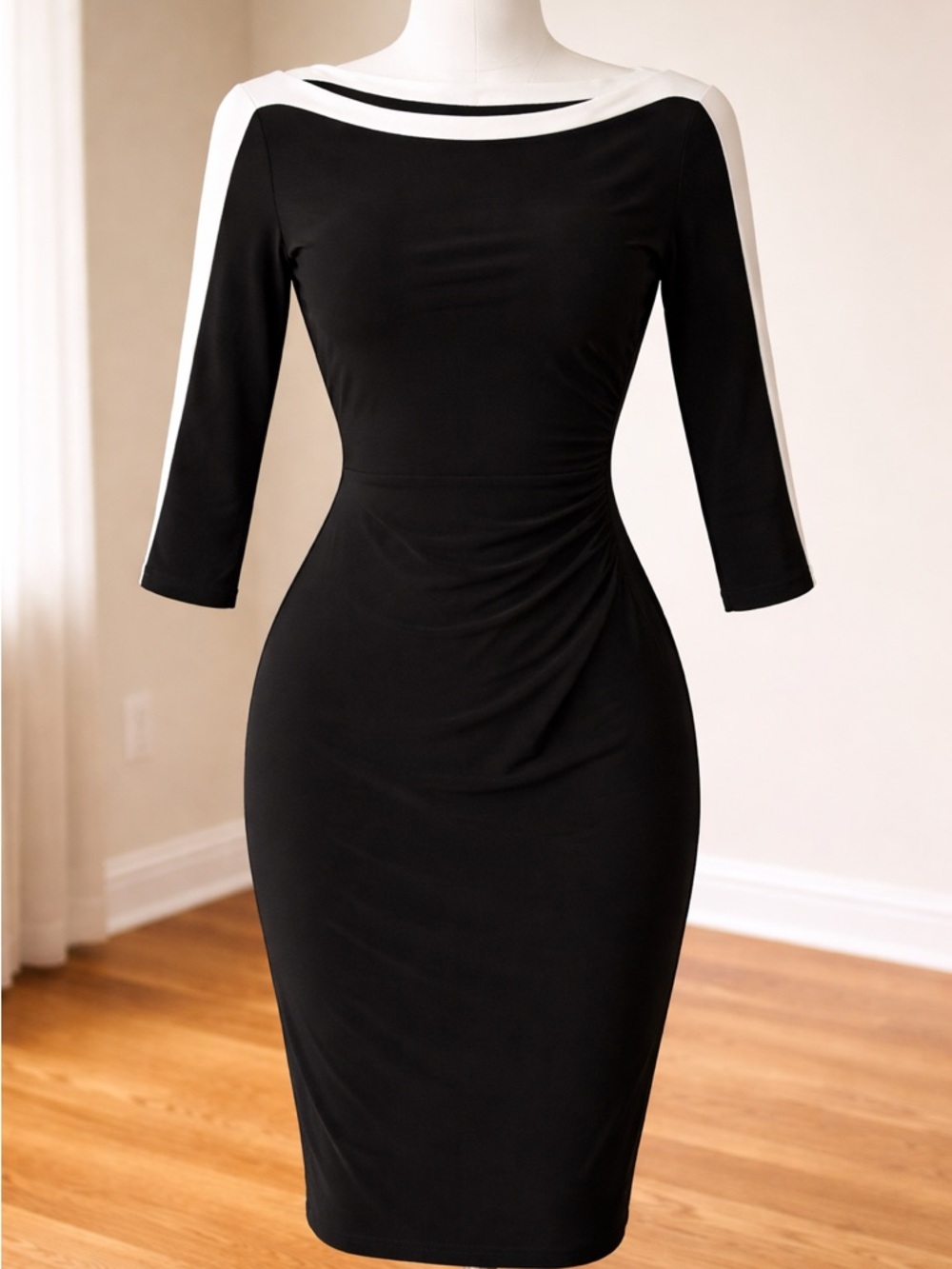 Ralph Lauren Black Midi Sheath Dress with White Trim